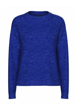 Blå uldsweater med rund halsudskæring, lange raglanærmer og ribbet kant ved forhøjning og ærmer. Teksten ser blød og let fluffy ud.