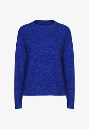 Sininen villaneule, jossa on pyöreä kaula-aukko, pitkät raglanhihat sekä resorit helmassa ja hihoissa. Tekstuuri näyttää pehmeältä ja hieman pörröiseltä.