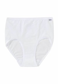 White cotton briefs with a high waist, featuring a smooth texture and elastic waistband. Includes small label on the side.