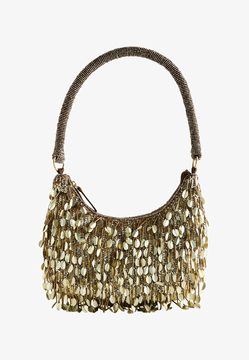 Small handbag with a beaded strap, decorated with hanging gold and bronze sequins and beads covering the front and sides.