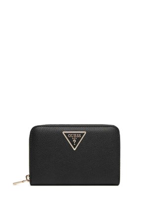 Black textured leather zip-around wallet with gold-tone Guess USA triangular logo plaque on front.