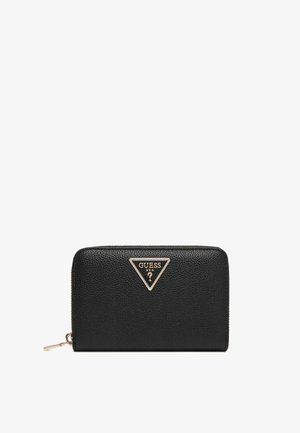 Black textured leather zip-around wallet with gold-tone Guess USA triangular logo plaque on front.