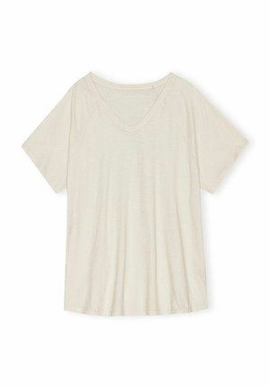 Short-sleeved, V-neck T-shirt in off-white, made from soft fabric with a slightly textured finish and relaxed fit.