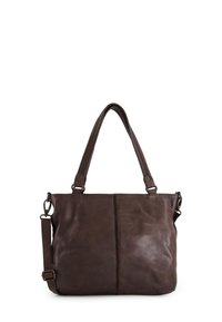 Braune Ledertasche mit zwei robusten Griffen, verstellbarem Schultergurt und glatter Textur. Verfügt über eine zentrale Nahtdetail.
