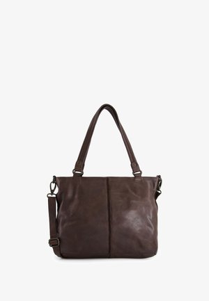 Brown leather tote bag with two sturdy handles, adjustable shoulder strap, and a smooth texture. Features a central seam detailing.