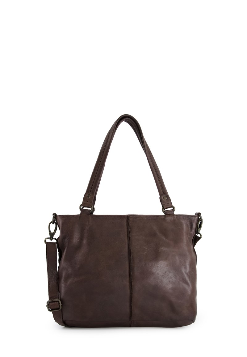 Braune Ledertasche mit zwei robusten Griffen, verstellbarem Schultergurt und glatter Textur. Verfügt über eine zentrale Nahtdetail.
