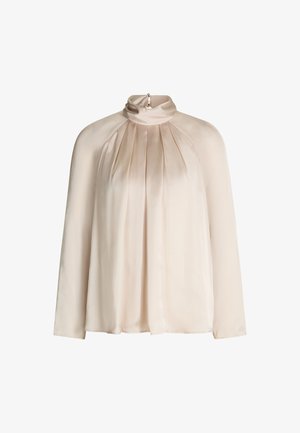 High-neck, long-sleeve beige satin blouse with pleated front and small keyhole button closure at back neckline.