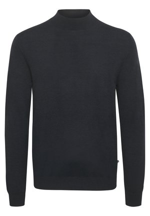 Ciemnogranatowy sweter wykonany z miękkiego materiału dzianinowego. Ma wysoki kołnierz, długie rękawy oraz ściągacze przy mankietach i u dołu, bez widocznych wzorów czy akcentów.