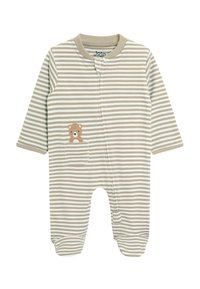 Gestreepte stoffen rompertje in beige en wit, met een berenzakdetail, lange mouwen en een ritsluiting aan de voorkant. Zachte, katoenen stof.