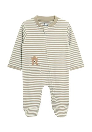 Gestreepte stoffen rompertje in beige en wit, met een berenzakdetail, lange mouwen en een ritsluiting aan de voorkant. Zachte, katoenen stof.