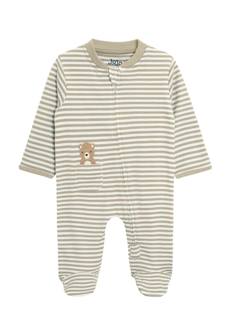 Gestreepte stoffen rompertje in beige en wit, met een berenzakdetail, lange mouwen en een ritsluiting aan de voorkant. Zachte, katoenen stof.