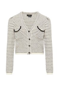 Sweter kardigan z dekoltem w serek, w kolorze kości słoniowej z granatowymi paskami. Posiada dwie górne kieszenie, długie rękawy i zapięcie na guziki z przodu. Teksturowany materiał dziany.