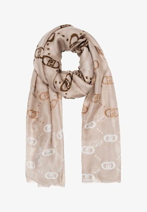 Sciarpa beige con una sfumatura di motivi a catena marrone e bianca, delicatamente piegata e appoggiata su uno sfondo bianco.