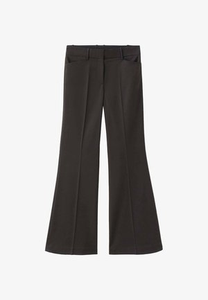 Pantalones de campana negros con cintura alta; cuentan con dos bolsillos frontales y una textura de tela suave. Adecuados para diversas ocasiones.