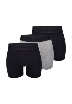 Men's briefs in a pack of three; two black and one gray. Fabric is smooth with elasticized waistband displaying the brand name.