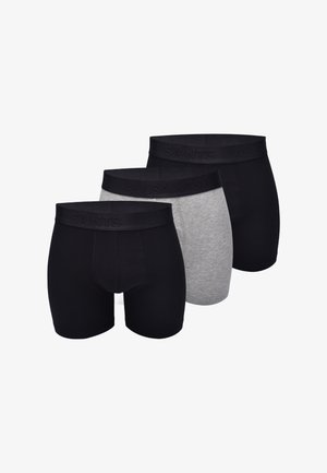 Men's briefs in a pack of three; two black and one gray. Fabric is smooth with elasticized waistband displaying the brand name.