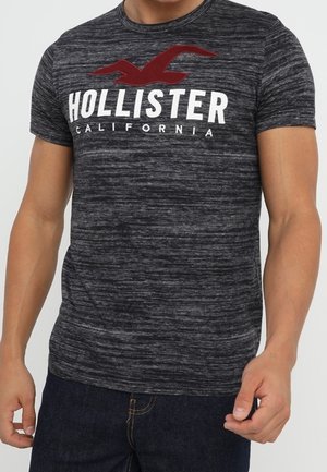Man draagt een getailleerd donkergrijs gemêleerd T-shirt met rood vogel-logo en witte "Hollister California" tekst.