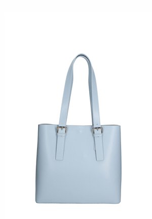 Borsa tote azzurro chiaro in pelle liscia, dotata di due manici robusti, dettagli in metallo argentato e una forma rettangolare strutturata.