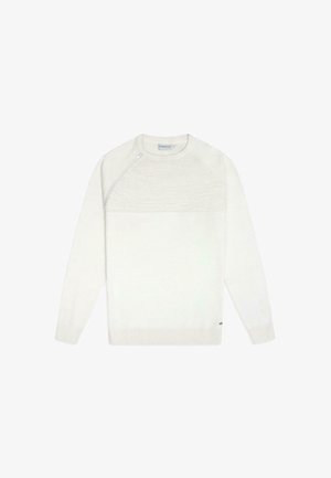 Bílý pletený svetr s texturovaným vzorem na hrdle, kulatým výstřihem, dlouhými rukávy a malým bočním zipem detailu na límci.