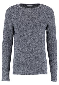 Strickpullover in Marineblau und Grautönen mit einem strukturierten Muster. Verfügt über lange Ärmel und einen runden Halsausschnitt. Hergestellt aus weichem Garn.