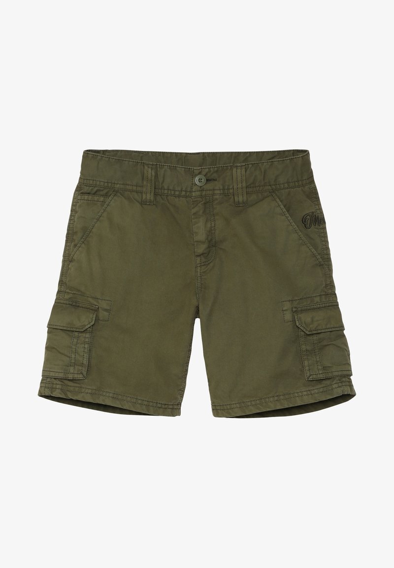 Shorts cargo vert olive avec bouton frontal, passants pour ceinture, poches latérales à rabat et poches avant inclinées.
