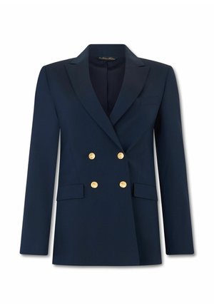 Marineblauer, doppelt geknöpfter Blazer mit Kerbkragen, vier goldenen Knöpfen und zwei vorderen Klappentaschen, auf weißem Hintergrund dargestellt.