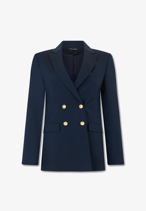 Marineblauw dubbelzijdig colbert met inkepingsrevers, vier gouden knopen en twee klepzakken aan de voorkant, getoond op een witte achtergrond.