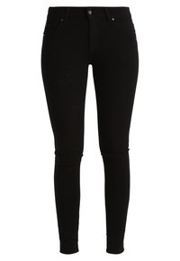 Jeans skinny de mezclilla negra con una textura suave, diseño convencional de cinco bolsillos y herrajes de metal en el botón frontal y la cremallera.