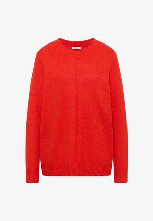 Maglione rosso lavorato a maglia con scollo tondo, maniche lunghe e polsini e orlo a costine. Texture liscia con un design semplice e classico.