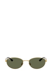 Occhiali da sole Ray-Ban con lenti ovali verdi, montatura in metallo dorato, estremità delle aste nere e piccolo dettaglio del logo sulla lente.