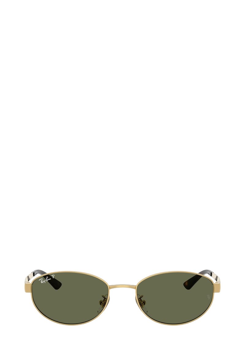 Occhiali da sole Ray-Ban con lenti ovali verdi, montatura in metallo dorato, estremità delle aste nere e piccolo dettaglio del logo sulla lente.