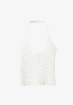 Weißes, gestricktes Neckholder-Crop-Top mit strukturiertem Stichmuster und kleinen Bommelverzierungen am unteren Rand.