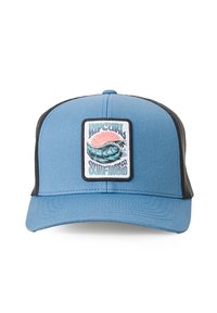 Blaues und schwarzes Netz-Trucker-Cap mit einem Patch, der eine Welle, die Sonne und den Text "Rip Curl Surfing Co 69" zeigt.