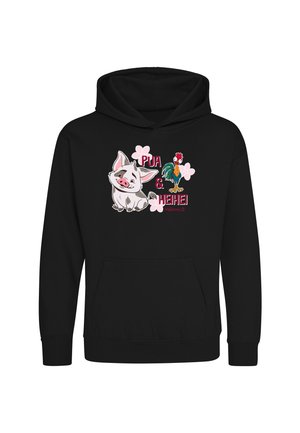 Czarna bluza z kapturem z postaciami z kreskówki Pua wieprz i Heihei kogut z Moana 2, otoczona różowymi kwiatami i czerwonym tekstem.