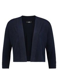 Mörkblå kort cardigan gjord av mjukt tyg, med öppen front, långa ärmar och knappryggor på ärmsluten.