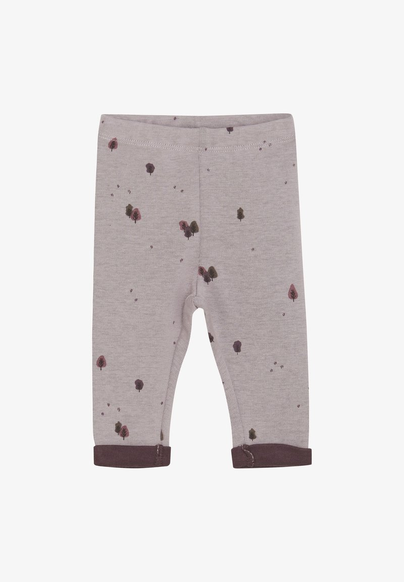 Grå bomullsleggings med små trämönster i mörkgrön och vinröd, med mörk vinröda vikta muddar vid anklarna.