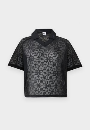 Μαύρο διαφανές πουκάμισο με κοντά μανίκια, floral δαντελένιο μοτίβο, μαύρο γιακά και λογότυπο Nike στο στήθος και τον γιακά.