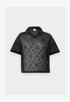 Μαύρο διαφανές πουκάμισο με κοντά μανίκια, floral δαντελένιο μοτίβο, μαύρο γιακά και λογότυπο Nike στο στήθος και τον γιακά.