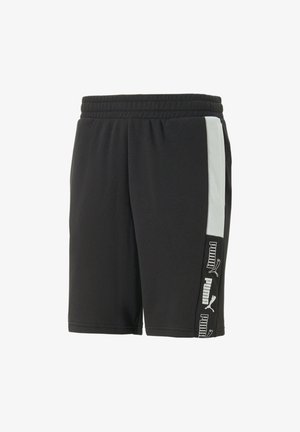 Black shorts with an elastic waistband, featuring a white side panel and printed logo details along the left leg. Made from soft fabric.