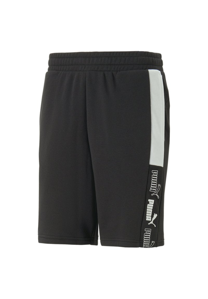 Sorte shorts med elastisk talje, der har en hvid sideliste og trykte logo detaljer langs venstre ben. Fremstillet af blødt materiale.