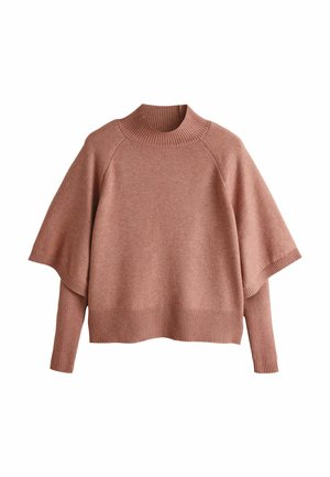 Prašná ružová pletená mikina s vysokým rebrovaným golierom, širokými rukávmi do lakťa a priliehavými rebrovanými manžetami a lemom.