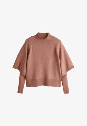 Prašná ružová pletená mikina s vysokým rebrovaným golierom, širokými rukávmi do lakťa a priliehavými rebrovanými manžetami a lemom.