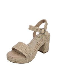 Sandales à plateforme beige avec des brides en tissu tressé et une boucle ronde. Le talon carré haut et le semelle texturée améliorent l'adhérence et la stabilité.
