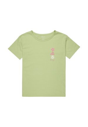 Lichtgroene katoenen t-shirt met een roze bedrukt ontwerp, inclusief een bloem en een golf, met een ronde halslijn en korte mouwen.