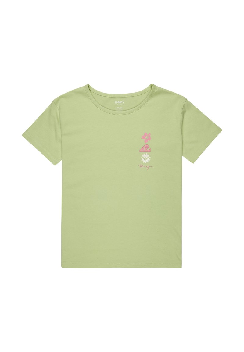 Jasnozielona bawełniana koszulka z różowymi nadrukami, w tym kwiatem i falą, z okrągłym dekoltem i krótkimi rękawami.