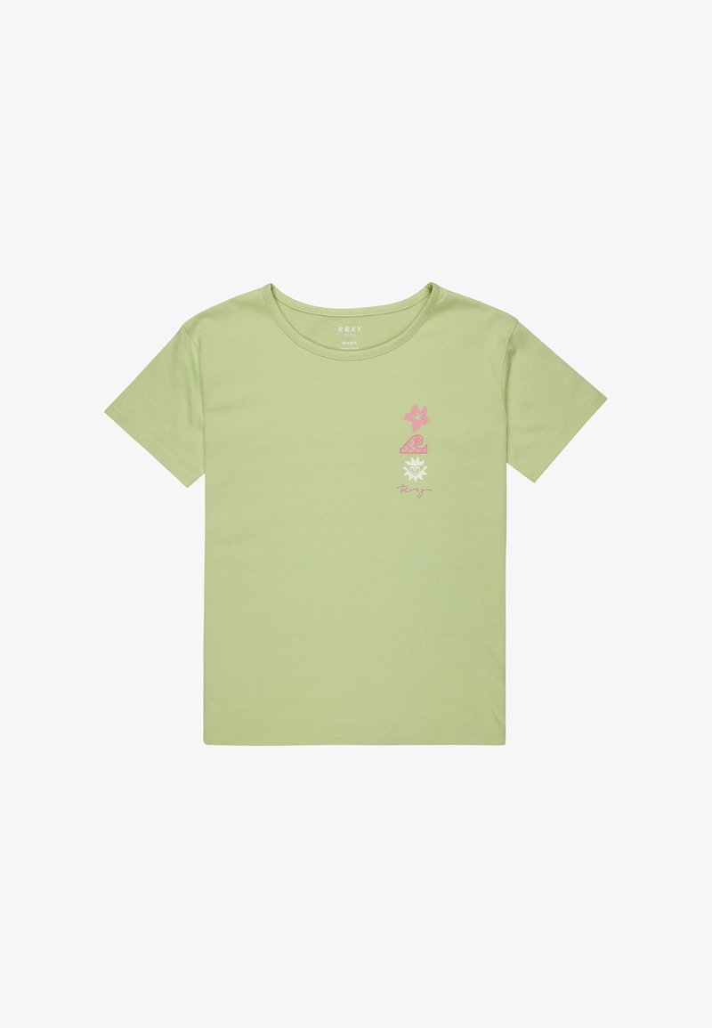 Jasnozielona bawełniana koszulka z różowymi nadrukami, w tym kwiatem i falą, z okrągłym dekoltem i krótkimi rękawami.