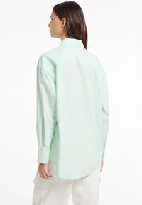Groen en wit gestreepte button-up shirt, met een ontspannen pasvorm, lange mouwen en een vent aan de achterkant. Glad stof met een subtiele glans.