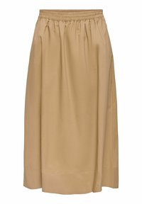 Jupe midi beige avec taille élastique, texture lisse et ourlet droit, adaptée pour un usage décontracté ou formel.