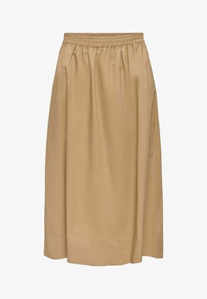 Bēša midi svārki ar elastīgu vidukļa jostu, gludu tekstūru un taisnu apakšmalu, piemēroti ikdienas vai formālai valkāšanai.