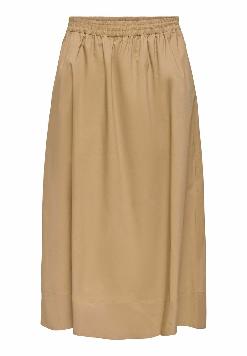 Jupe midi beige avec taille élastique, texture lisse et ourlet droit, adaptée pour un usage décontracté ou formel.